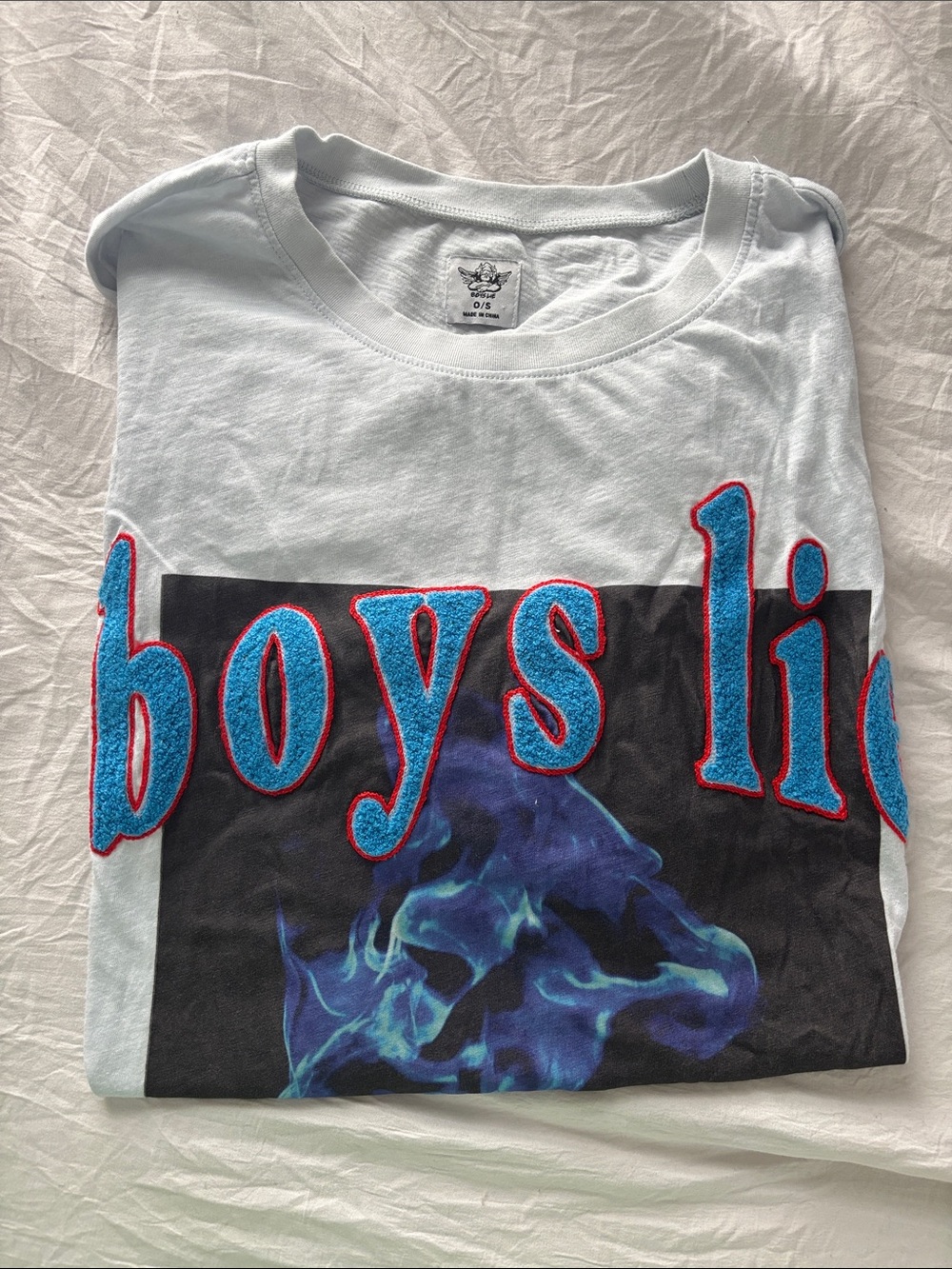 Boys Lie White Tee with Blue & Purple Smoke Graphic